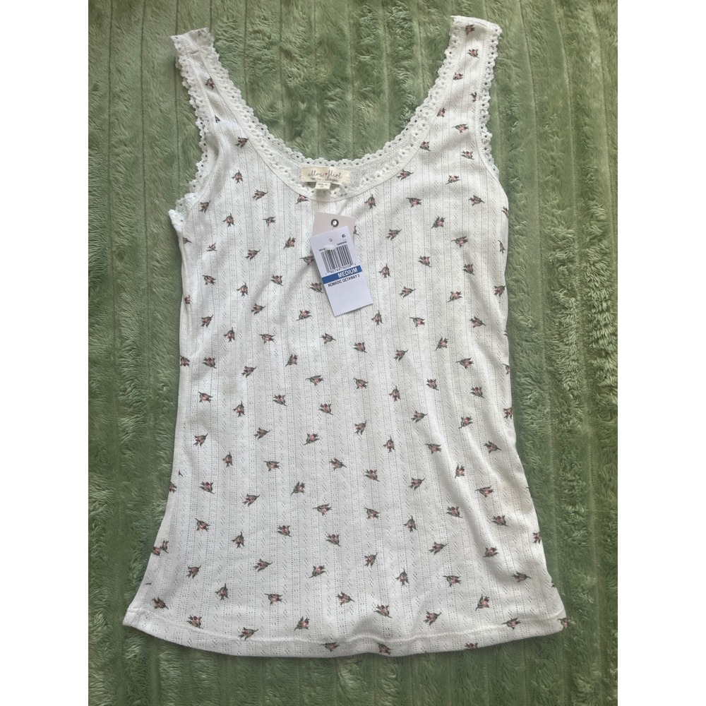 Ultra Flirt Women Gardenia White Floral Rosebud Pointelle Lace Tank Top Medium - Picture 9 of 14